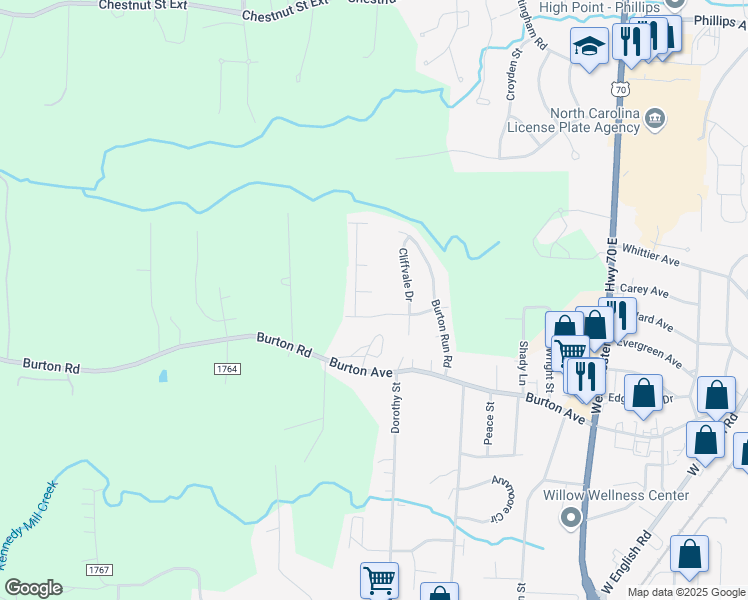 map of restaurants, bars, coffee shops, grocery stores, and more near 1213 Turney Court in High Point