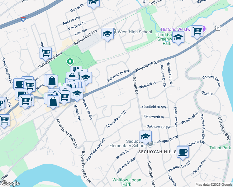 map of restaurants, bars, coffee shops, grocery stores, and more near 4084 Kingston Pike in Knoxville