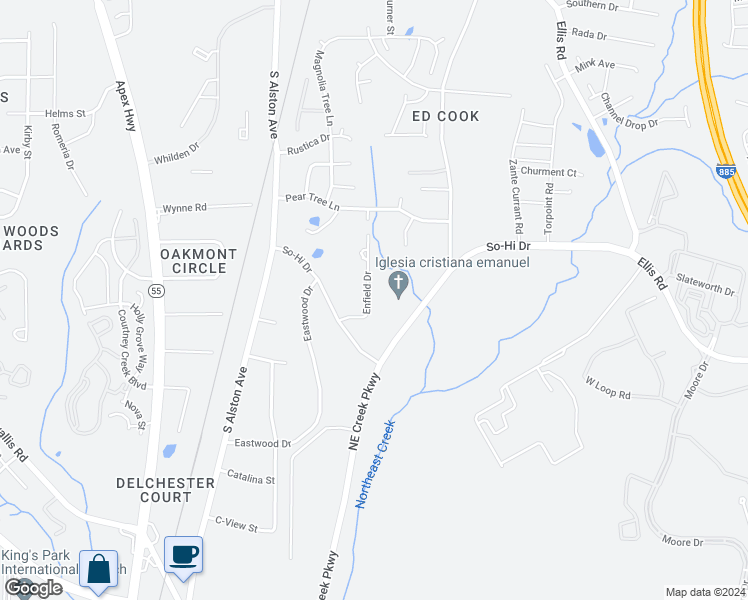 map of restaurants, bars, coffee shops, grocery stores, and more near 2815 Enfield Drive in Durham