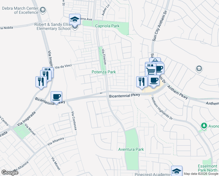 map of restaurants, bars, coffee shops, grocery stores, and more near 2392 Via Firenze in Henderson