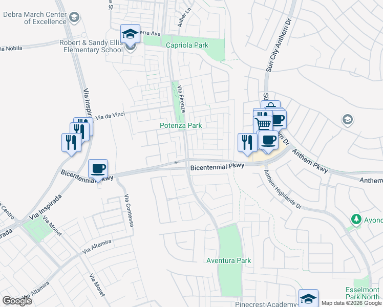 map of restaurants, bars, coffee shops, grocery stores, and more near 2392 Via Firenze in Henderson