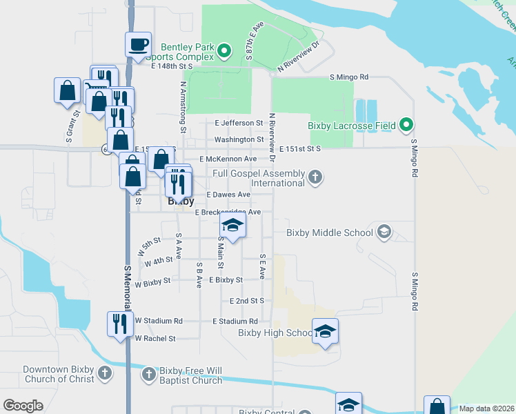 map of restaurants, bars, coffee shops, grocery stores, and more near 312 East Breckenridge Avenue in Bixby