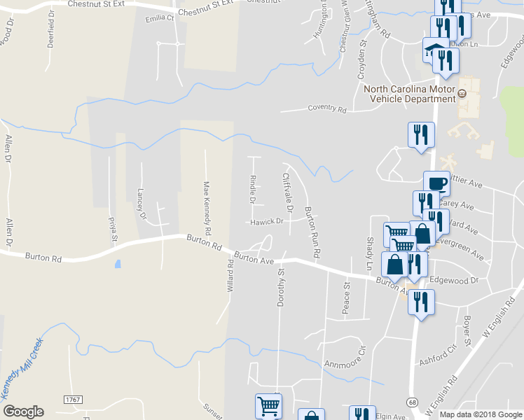 map of restaurants, bars, coffee shops, grocery stores, and more near 1215 Turney Court in High Point