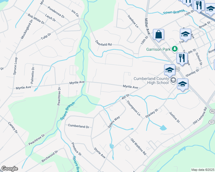 map of restaurants, bars, coffee shops, grocery stores, and more near 277 Myrtle Avenue in Crossville