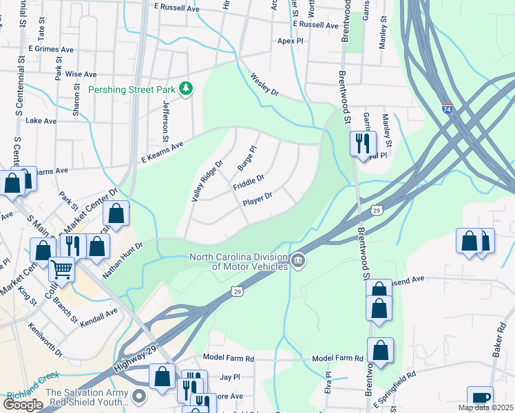 map of restaurants, bars, coffee shops, grocery stores, and more near 415 Nathan Hunt Drive in High Point