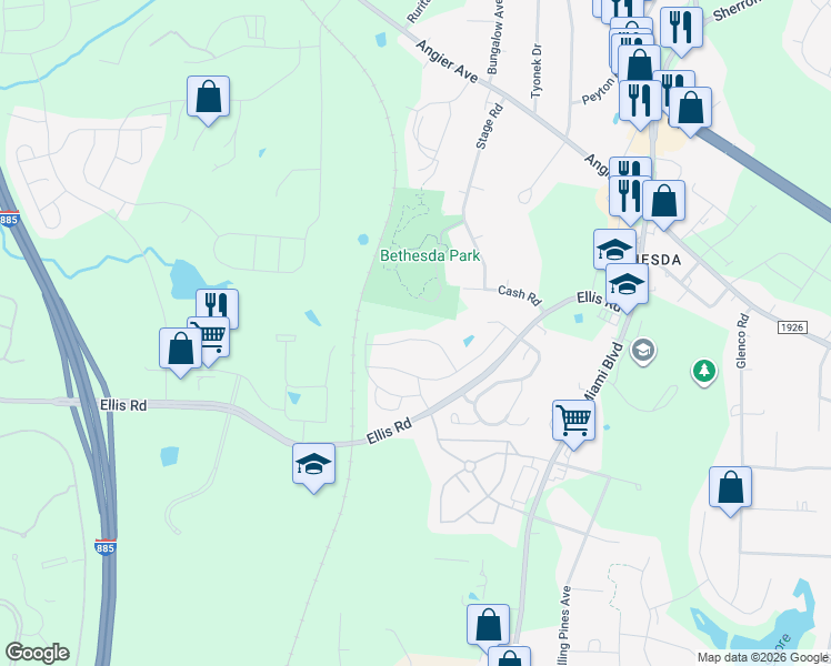map of restaurants, bars, coffee shops, grocery stores, and more near 1031 Manorhaven Drive in Durham