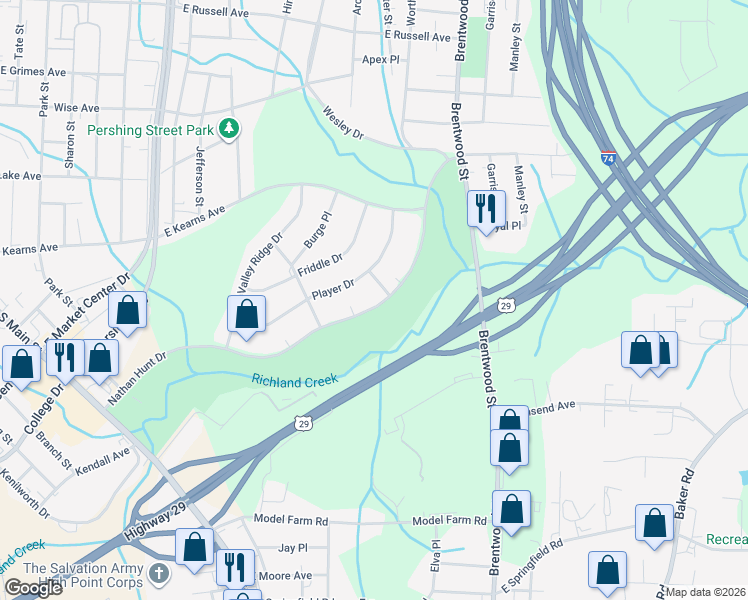 map of restaurants, bars, coffee shops, grocery stores, and more near 423 Nathan Hunt Drive in High Point