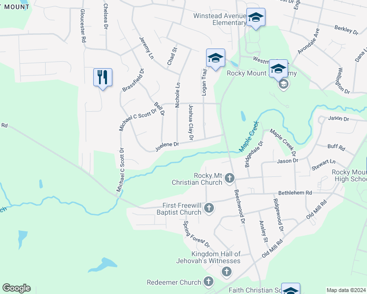 map of restaurants, bars, coffee shops, grocery stores, and more near 2028 Joelene Drive in Rocky Mount