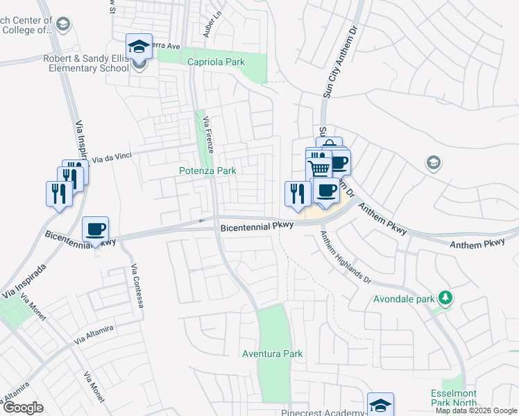 map of restaurants, bars, coffee shops, grocery stores, and more near 3000 Bicentennial Parkway in Henderson