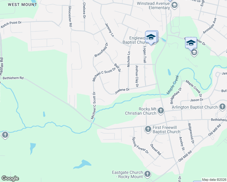 map of restaurants, bars, coffee shops, grocery stores, and more near 2151-2155 Joelene Drive in Rocky Mount