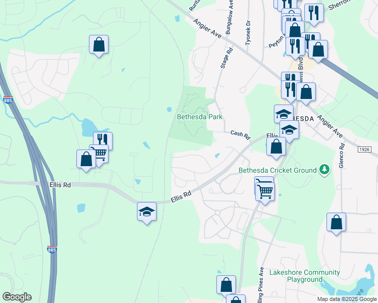 map of restaurants, bars, coffee shops, grocery stores, and more near 1031 Manorhaven Drive in Durham
