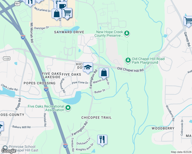 map of restaurants, bars, coffee shops, grocery stores, and more near 4135 Farrington Road in Durham