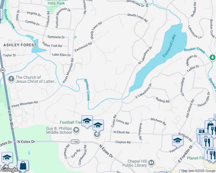 map of restaurants, bars, coffee shops, grocery stores, and more near 620 Rock Creek Road in Chapel Hill