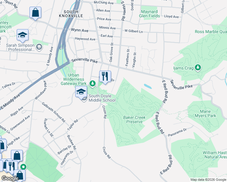 map of restaurants, bars, coffee shops, grocery stores, and more near 3712 South Haven Road in Knoxville