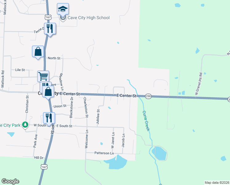 map of restaurants, bars, coffee shops, grocery stores, and more near 704 East Center Street in Cave City