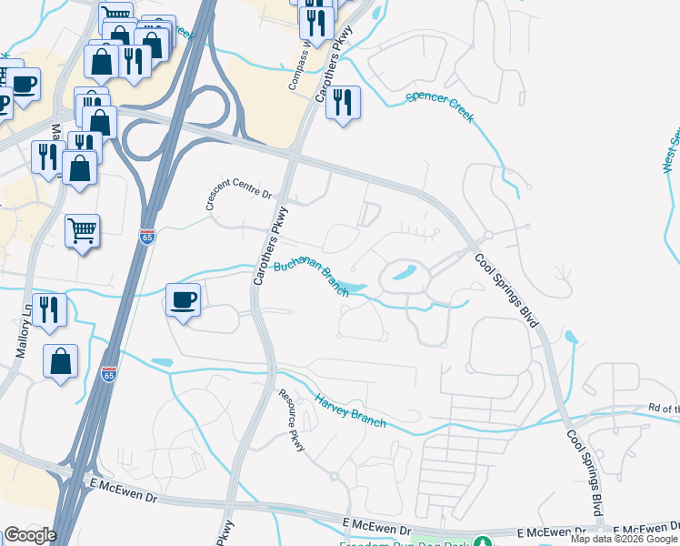 map of restaurants, bars, coffee shops, grocery stores, and more near 535 Brennan Ln in Franklin