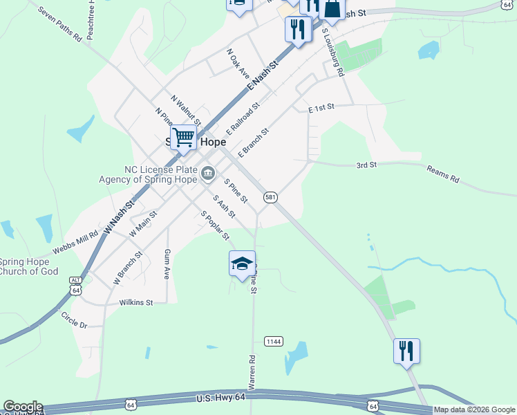 map of restaurants, bars, coffee shops, grocery stores, and more near 100-198 2nd Street in Spring Hope