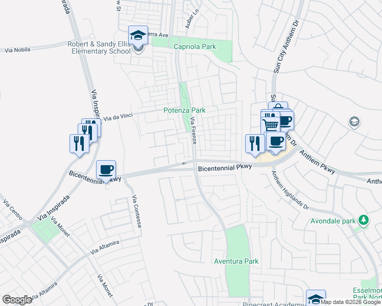 map of restaurants, bars, coffee shops, grocery stores, and more near 2393 Via Firenze in Henderson
