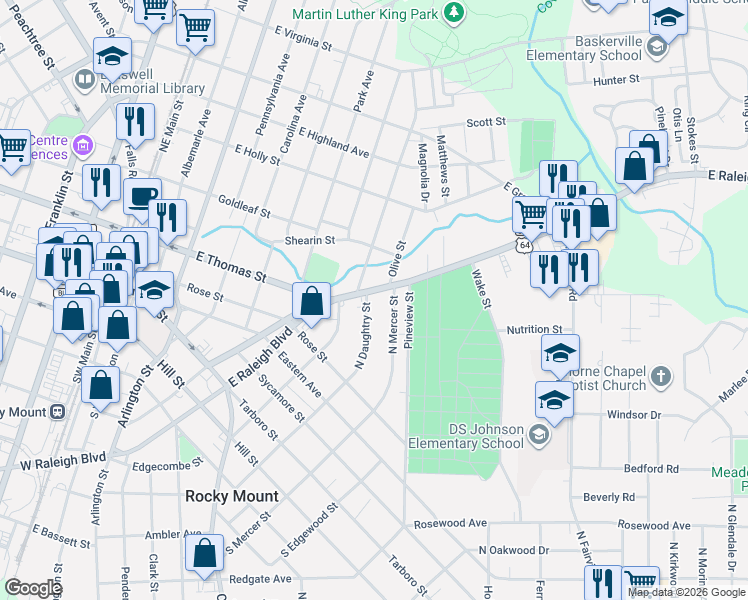 map of restaurants, bars, coffee shops, grocery stores, and more near 529 North Daughtry Street in Rocky Mount