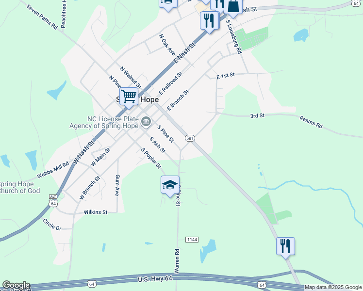 map of restaurants, bars, coffee shops, grocery stores, and more near 315 South Pine Street in Spring Hope