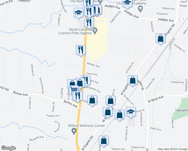map of restaurants, bars, coffee shops, grocery stores, and more near 419 Carey Avenue in High Point