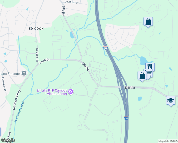 map of restaurants, bars, coffee shops, grocery stores, and more near 1898 Ellis Road in Durham