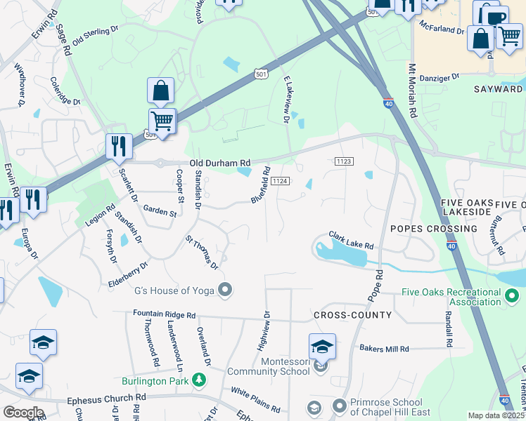 map of restaurants, bars, coffee shops, grocery stores, and more near 204 Charleston Lane in Chapel Hill