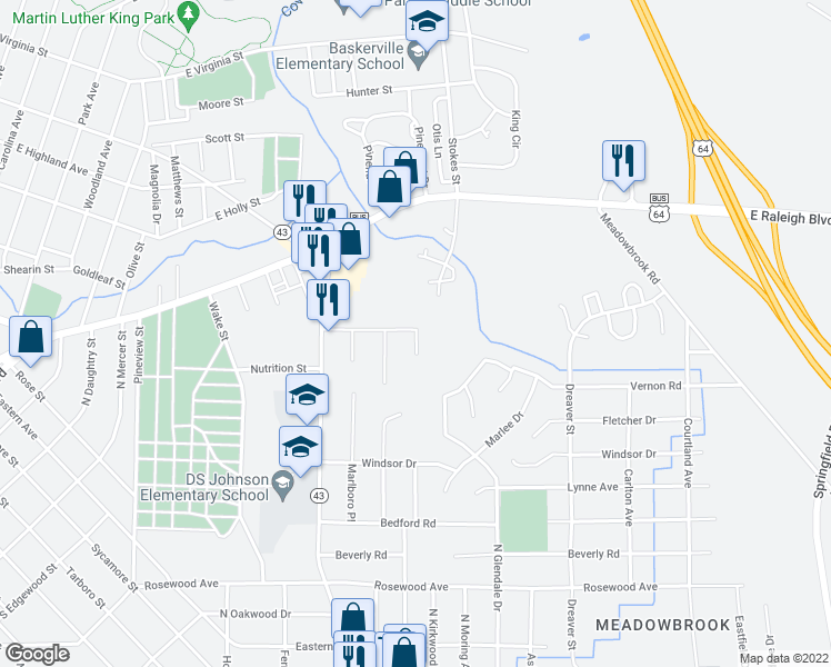 map of restaurants, bars, coffee shops, grocery stores, and more near 122 Nandina Court in Rocky Mount