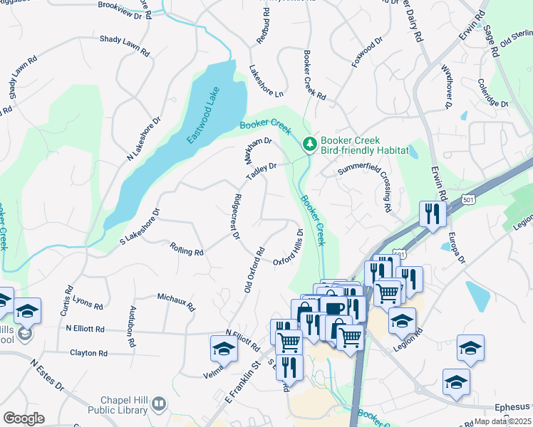 map of restaurants, bars, coffee shops, grocery stores, and more near 2015 Markham Drive in Chapel Hill