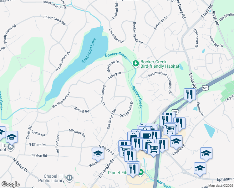 map of restaurants, bars, coffee shops, grocery stores, and more near 2015 Markham Drive in Chapel Hill