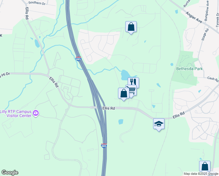 map of restaurants, bars, coffee shops, grocery stores, and more near 2109 Ellis Road in Durham