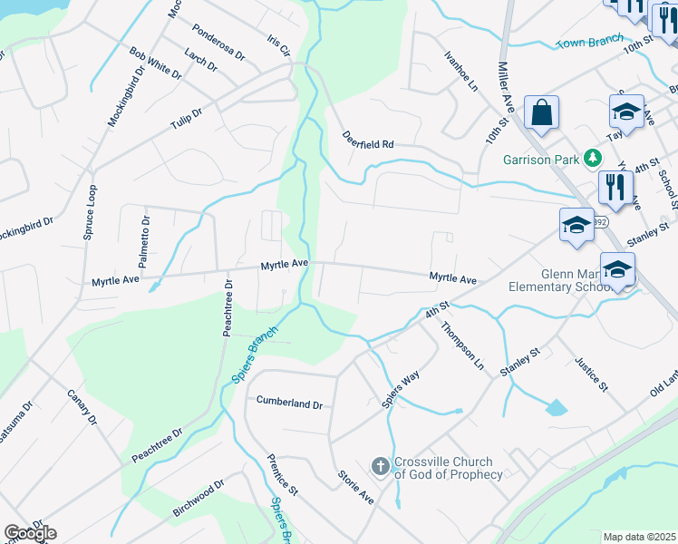 map of restaurants, bars, coffee shops, grocery stores, and more near 359 Myrtle Avenue in Crossville
