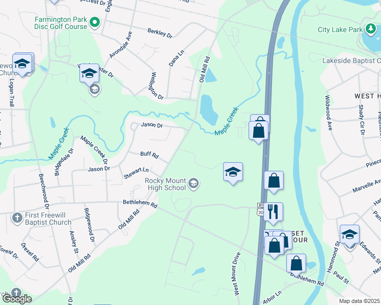 map of restaurants, bars, coffee shops, grocery stores, and more near 905 Old Mill Road in Rocky Mount
