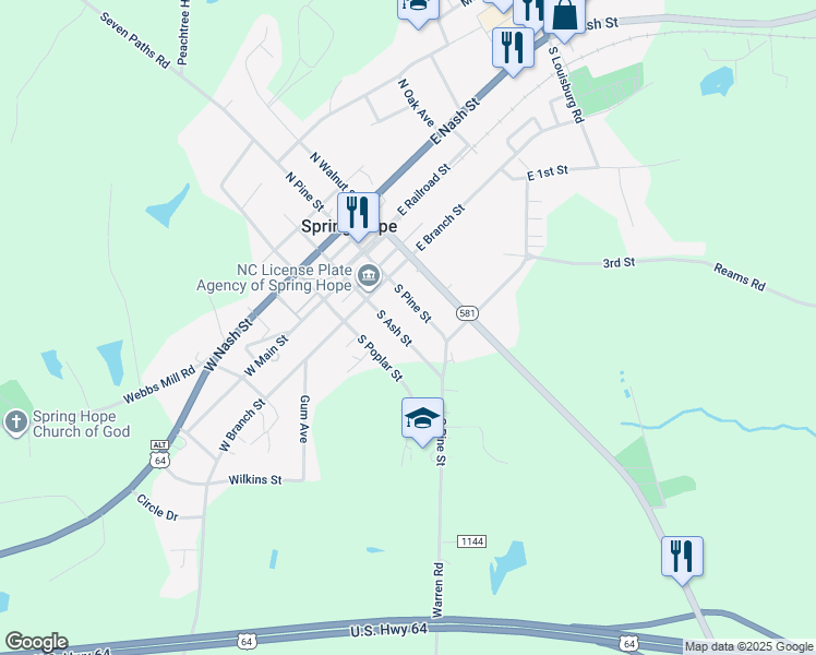 map of restaurants, bars, coffee shops, grocery stores, and more near 301 South Ash Street in Spring Hope