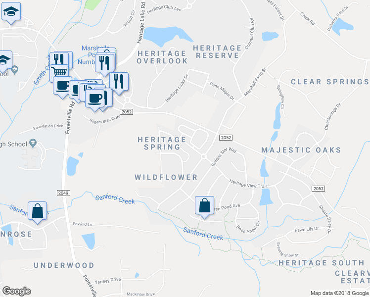 map of restaurants, bars, coffee shops, grocery stores, and more near 3818 Heritage View Trail in Wake Forest
