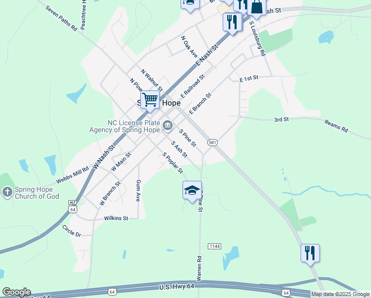 map of restaurants, bars, coffee shops, grocery stores, and more near 301 South Ash Street in Spring Hope