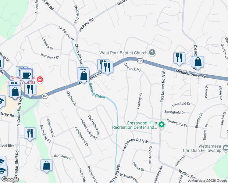 map of restaurants, bars, coffee shops, grocery stores, and more near 8914 Ripon Circle in Knoxville
