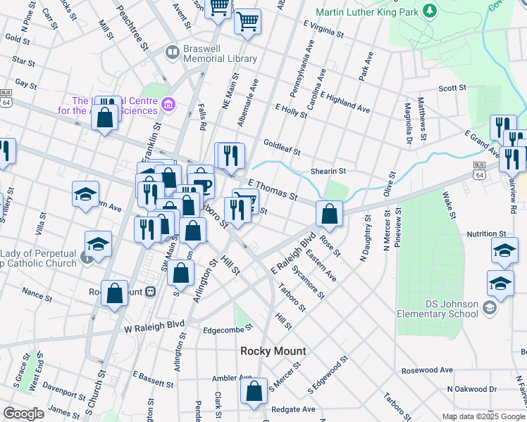 map of restaurants, bars, coffee shops, grocery stores, and more near 298 Rose Street in Rocky Mount