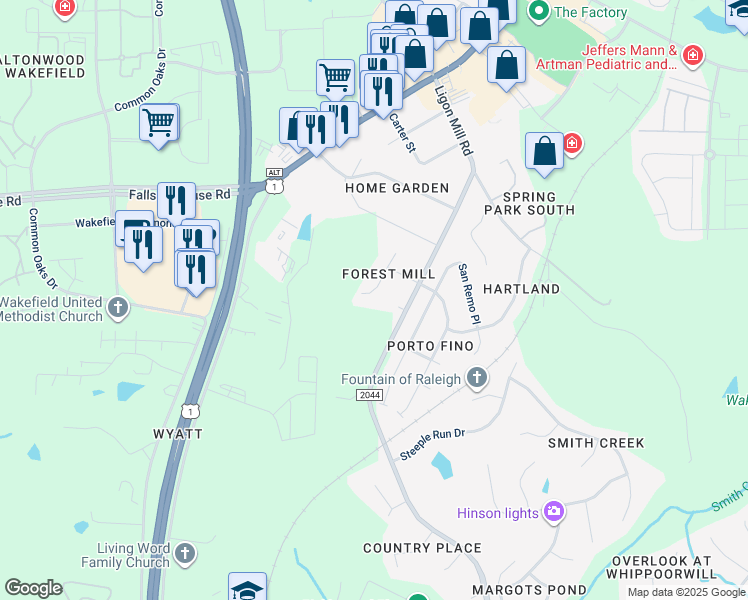 map of restaurants, bars, coffee shops, grocery stores, and more near 9814 Sovereign Way in Wake Forest