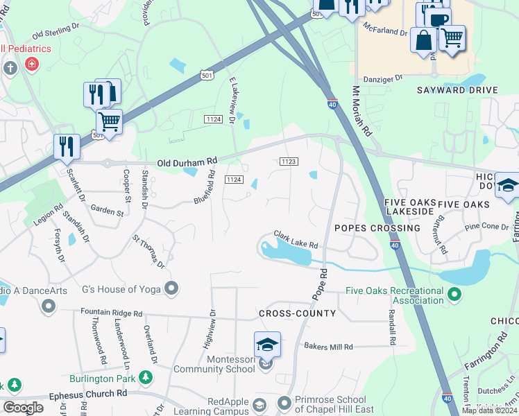 map of restaurants, bars, coffee shops, grocery stores, and more near 110 Alba Court in Durham