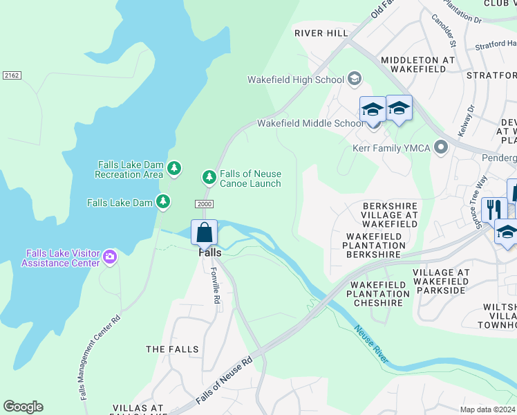 map of restaurants, bars, coffee shops, grocery stores, and more near 1605 River Mill Drive in Wake Forest
