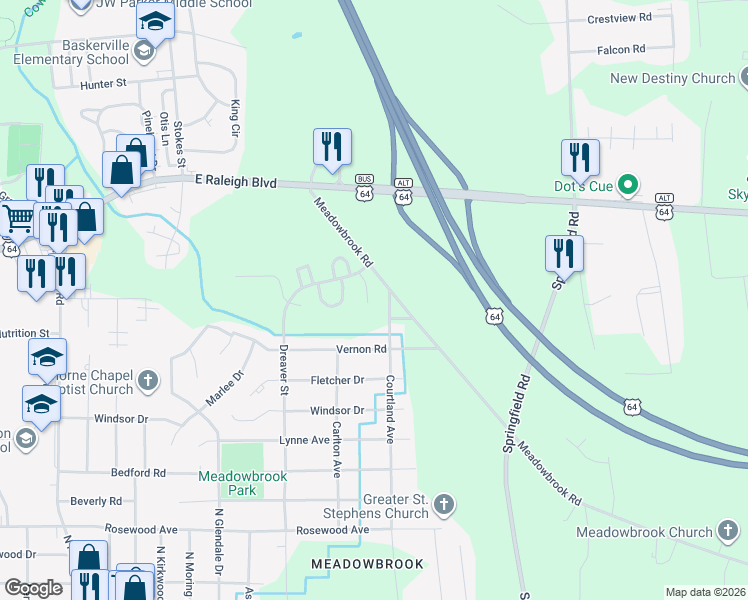 map of restaurants, bars, coffee shops, grocery stores, and more near 1104 Courtland Avenue in Rocky Mount