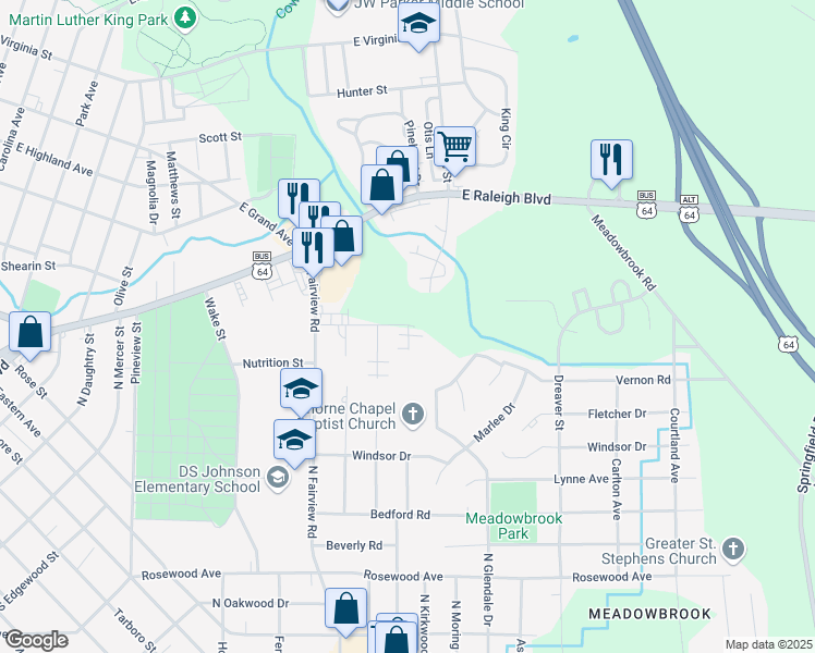 map of restaurants, bars, coffee shops, grocery stores, and more near 122 Nandina Court in Rocky Mount