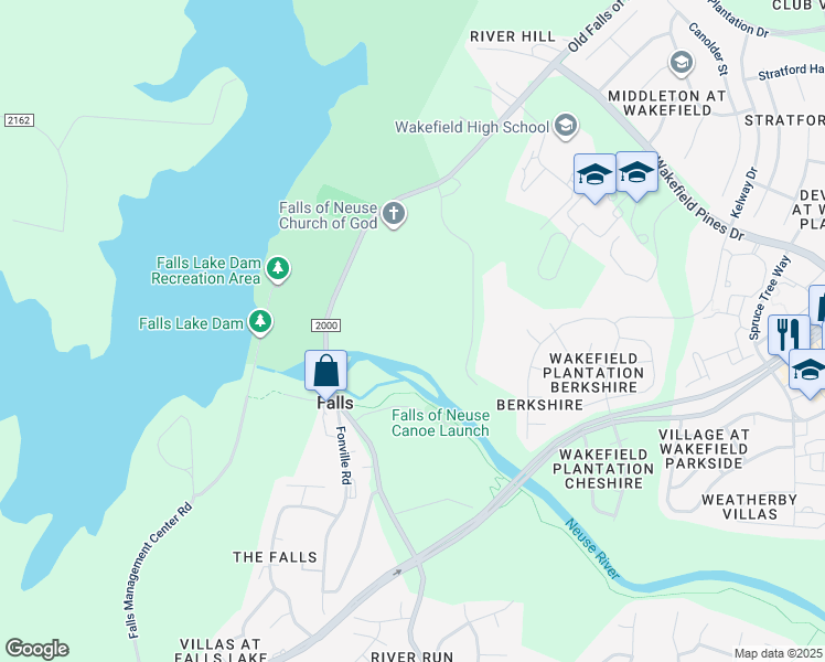 map of restaurants, bars, coffee shops, grocery stores, and more near 6117 Riverside Drive in Wake Forest