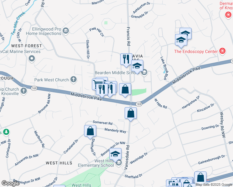 map of restaurants, bars, coffee shops, grocery stores, and more near 7333 Middlebrook Pike in Knoxville