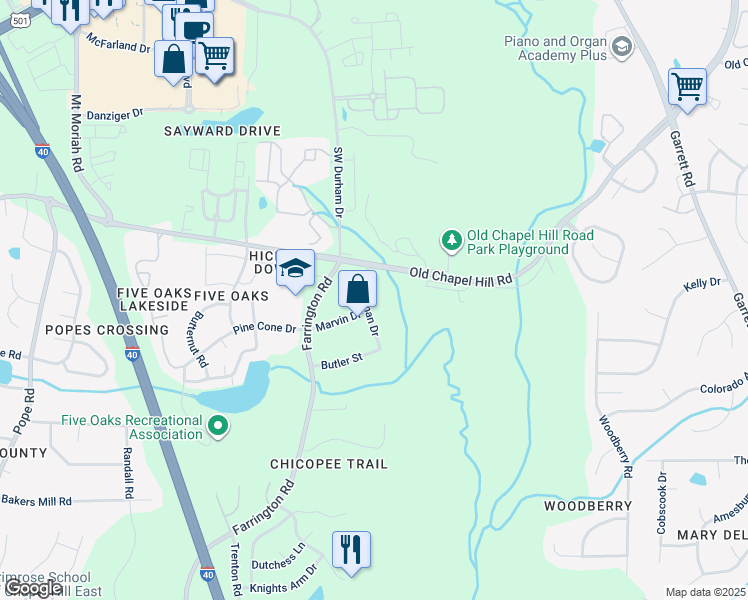 map of restaurants, bars, coffee shops, grocery stores, and more near 4117 Buchanan Drive in Durham