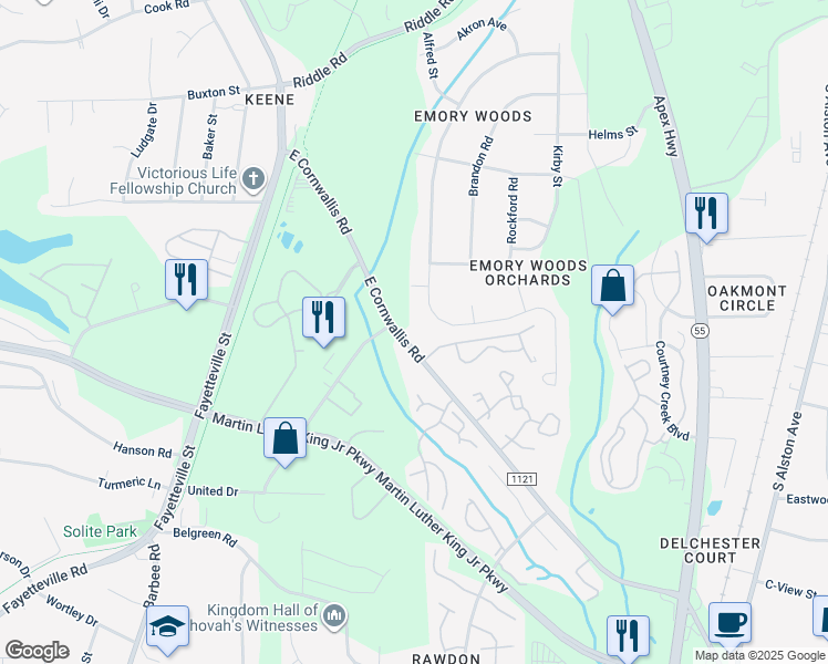 map of restaurants, bars, coffee shops, grocery stores, and more near 1507 East Cornwallis Road in Durham