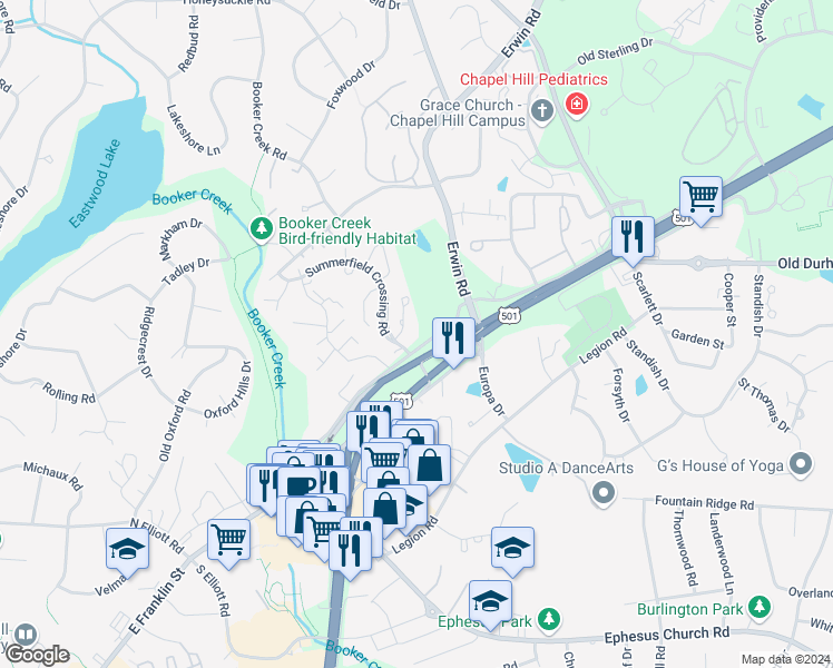 map of restaurants, bars, coffee shops, grocery stores, and more near 104 Woodbridge Lane in Chapel Hill