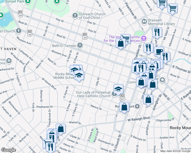map of restaurants, bars, coffee shops, grocery stores, and more near Nash Street in Rocky Mount