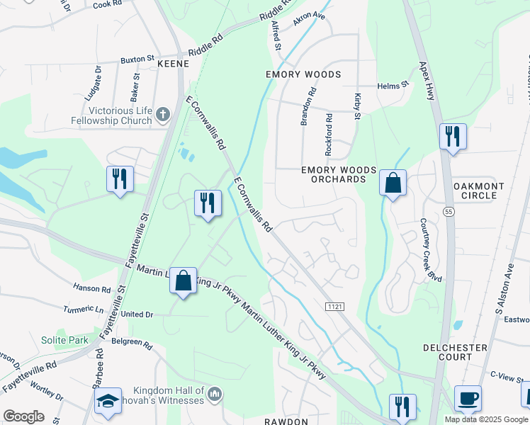 map of restaurants, bars, coffee shops, grocery stores, and more near 1507 East Cornwallis Road in Durham